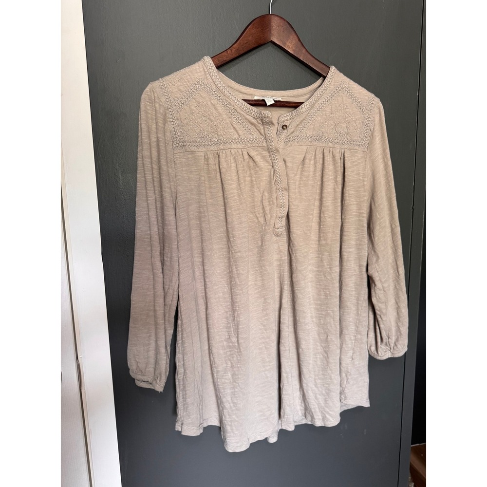 Lucky Brand Womens 1X/16 Beige Embroidered Long Sleeve Henley Top Blouse